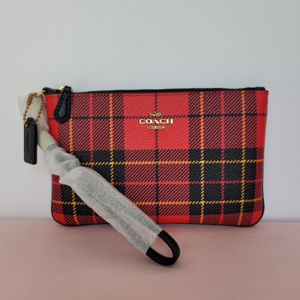 COACH Small Printed Plaid Coated Canvas Wristlet- Red Multi $75.⭐